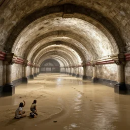 flooded victorian subway station, giant archways, rows of sand, by peter mohrbacher dan mumford craig mullins nekro, cgsociety, pixiv, volumetric light, 3 d render