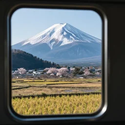 a photo of mount fuji, japanese ladscapes, rice paddies, sakura trees, seen from a window of a train. cinematic lighting.