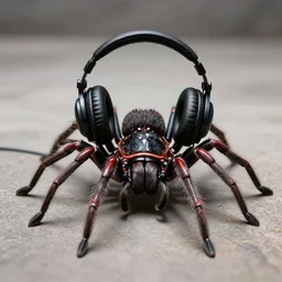 4 k photography of spider wearing headphones