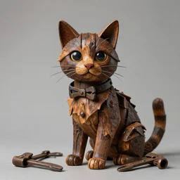 photographic portrait of a cat made of rusty tools, wooden antique, fashionable, distinguished