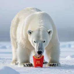 a highly detailed cinematic photograph of a polar bear on the north pole in the mist eating from a red mc donalds container, ultra realistic, depth, beautiful lighting, by annie leibovitz, hasselblad, 1 0 0 mm, bokeh, photorealistic, hyperrealistic, octane, masterpiece