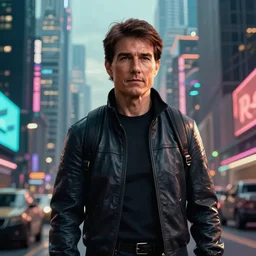 Tom Cruise in a cyberpunk city, photorealistic, HDR, 4k, wallpaper, epic, Cinematic, ray-traced