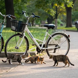 cats stealing bycicles in a park in the afternoon, dslr photo