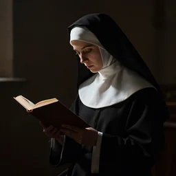 chiaroscuro of a nun reading a book
