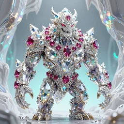 a majestic fantasy golem made of crystals, rubies and diamonds. d & d. shining surfaces. monstrous creature. in front of an iridescent cave background. white to cyan gradient. high details. 4 k. digital art. trending on artstation.
