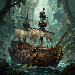 the old wreckage of a legendary pirate ship, a magical treasure guarded by a mythical creature in an ancient sacred temple, dense tropical jungle, digital painting, trending on artstation, concept art, matte painting, highly detailed, final fantasy, jrpg, art by greg rutkowksi, craig mullins, octane render, 8 k