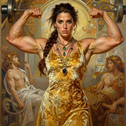 highly detailed oil painting of elegant thick bodybuilder weightlifter lara croft, roided face, long hair, glowing skin, gold ombre velvet gown, greek scene, beautiful face by leyendecker, dozens of jeweled necklaces, by greg rutkowski, brom, anato finnstark, alphonse mucha, cinematic lighting,
