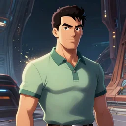 short adult man, wearing a polo shirt, by don bluth, sci - fi environment, highly detailed, dynamic shadows, 4 k, splash art