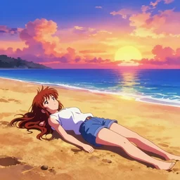 girl laying in the sand next to ocean in sunset, sprite, vaporwave nostalgia, visual novel cg, 8 0 s anime vibe, kimagure orange road, maison ikkoku, initial d, drawn by by rumiko takahashi, directed by hideki anno, wallpaper, ultra hd, vlc screenshot