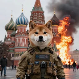 postapocalyptic sci fi nuclear explosion in moscow red square cinematic background, still portrait of anthropomorphic shiba inu wearing military tactical gear looking at you , 8k trending on artstation