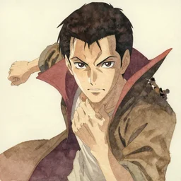 professional coherent still frame cinematic close - up shot from appealing naturalistic vampire character portrait design by masaaki yuasa in action, representational earth tones, stunning clarity experimental cut paper mixed media blotchy character shape design by masaaki yuasa, pleasing palette watercolor masterpiece