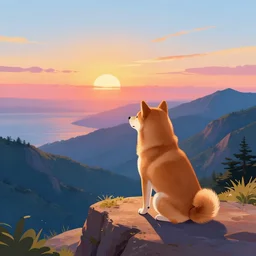 A shiba inu sitting on a cliff and watching the lovely, beautiful mountains, sea, sunset, digital art, WLOP, Mandy Jurgens, vibrant