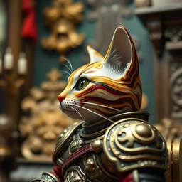 closeup profile portrait of a tin toy greta thunberg as a soviet cat in armour, nicoletta ceccoli, mark ryden, lostfish, max fleischer, depth of field, detailed and intricate victorian environment, 8 k resolution, hyperrealistic, octane render