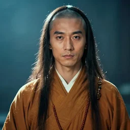 portrait of a chinese monk with long hairs in alan lee and marc simonetti and emil melmoth style  , cinematic lighting