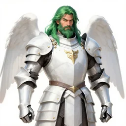 Burly knight, white armor, long green hair, messy beard, ornamental armor, asymmetry, angel-inspired, by Frank Franzzeta, trending on Artstation, artstationHD, artstationHQ, extremely detailed, face, octane, cssociety, HD 8K