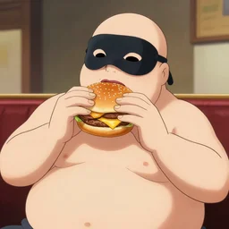 Dream wearing a mask eating a cheeseburger, obese, fanart