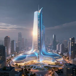 futuristic city hall overlooking city skyline, cyberpunk by ricardo bofill, luminescent concept art, unreal engine 5, artstation highly detailed, digital art, 8 k hdr, soft lighting, hyperrealistic, godrays