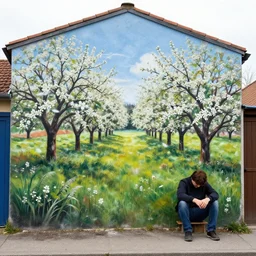 by nele zirnite, by clemens ascher depressing. a beautiful street art depicting a farm scene. the street art shows a view of an orchard with trees in bloom.