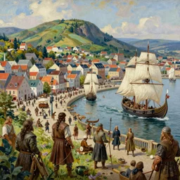 a viking viking busy capital city with a harbor and norse viking viking ships in summer, romantic nationalism, rolling hills in the background, lush vegetation, vikings, trading, ultra detailed, realistic, lost civilizations, masterpiece, 4 k, highly detailed, oil on canvas, smooth, illustration, painted by pedro subercaseaux