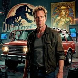 hyperrealist portrait of ian malcom from jurassic park in front of a classic jurassic park suv, it is decorated with long wires and computer monitors in the cyberpunk office background. by jeremy mann and alphonse mucha, fantasy art, photo realistic, dynamic lighting, artstation, poster, volumetric lighting, very detailed faces, 8 k, award winning
