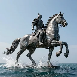 a giant abstract sculpture of a great warrior on a horse on the ocean water, in the style of chad knight, award winning, cinematic, hyper - realistic, very detailed, realistic water splashes, ray tracing, 8 k resolution, long - shot, sharp focus, low angle, 8 5 mm photograph, wide lens