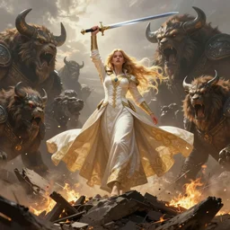 out of the burning rubble and ash, in a heaping apex, arose a triumphant warrior. a woman with long flowing blonde hair, wearing a white coat with a golden paisley lining, holding a sword above her head while surrounded by large beasts of war, digital art