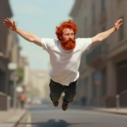 wide angle of attractive red - headed bearded man wearing a white t - shirt levitating over the street below, arms spread wide, highly detailed, digital painting, artstation, concept art, smooth, sharp focus, illustration, art by artgerm, greg rutkowski, alphonse mucha, j. c. leyendecker