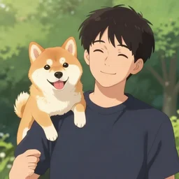 a man with a shiba inu dog on his shoulder, anime still