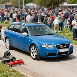 denim blue audi a 4 b 6 avant ( 2 0 0 2 ) mowing down a crowd