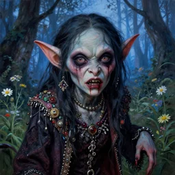 a pretty but sinister goblin and creepy monster in layers of fear, with haunted eyes, wearing punk clothing, violence in her eyes, 1 9 7 0 s, seventies, delicate embellishments, a little blood, woodland, blue dawn light shining on wildflowers, painterly, offset printing technique, by alexandre cabanel