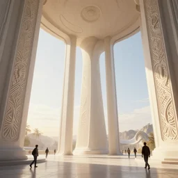 the inside of a monument with norse motifs, by tim blandin and arthur haas and bruce pennington and john schoenherr, big windows architecture by zaha hadid, octane render, warm colour scheme, white, cinematic, scenery, cgsociety, modernism, futuristic, trending on artstation, sci - fi, high detail, high quality, close up angle, people walking
