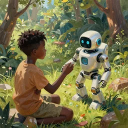 a black kid playing with a futuristic robot! in the nature, mixing solarpunk, afropunk, cyberpunk, ( ( ( ( volumetric light ) ) ) ), high angle, part by pearl fryar, part by prince damah, sunny day, trending on artstation, cinematic view, illustration, painting, realistic.