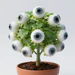 A potted plant whose fruits are human eyeballs. 8k high resolution, extremely detailed. High resolution nature photography.
