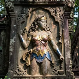 a Bas-relief Carving of wonder woman on the wall of Angkor Wat, surrounded by trees, in the forrest, photo real, volumetric lighting, cinematic loghting, hd.