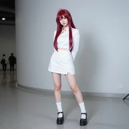 nayeon cosplaying as juri, dragoncon, flash photography, wide angle, full length, 3 5 mm, f / 2. 8