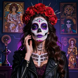 beautiful dreaming android! woman. ecstatic portrait, cinestill, blade runner, photorealistic, interstellar, intricate detailed environment. ( el dia los muertos ), 8 k, hd. photo by terry o'neil and artgerm and pollock and greg rutkowski and alphonse mucha and loish and wlop