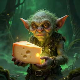 Photorealistic fantasy painting of one single goblin holding swiss cheese.  Ominous green mist in the background.  Magical occult photorealism, UHD, amazing depth, glowing, golden ratio, 3D octane cycle unreal engine 5, volumetric lighting, cinematic lighting, cgstation artstation concept art