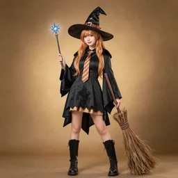 young witch with magic wand and broom cosplay, she wears boots, full body shot, detailed face, photo taken by nikon, 4k, high quality, very detailed, intricant