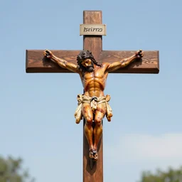 rottisserie chicken crucified in a wooden cross, nails going through the drumsticks, daylight realistic 50mm photography