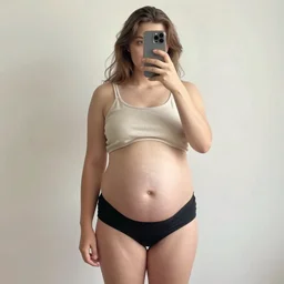 a full - body selfie of sommer ray with an extremely round and distended chubby belly, focus on facial details, focus on her belly fat pressing against her clothes, instagram post, 8 k resolution
