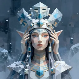 portrait hyperborean priestess with long neck and hands geometric headdress and mask, winter snow ice, low poly, concept art, abstract background, by boris vallejo, deak ferrand, and greg rutkowski and rhads