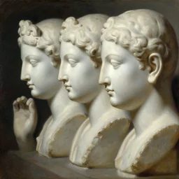 a line of detailed white stone ears and hands statures, oil paint, classic art, 1 3 century style, volume light