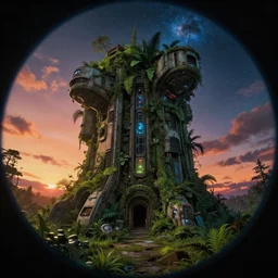 abandoned by denis sarazhin, junglepunk futuristic fisheye tron at night sunset studio ghibli cosmic partly sunny, archdaily, wallpaper, highly detailed, trending on artstation.