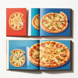 flatlay book collection, vivid colors, dramatic lighting, pizza