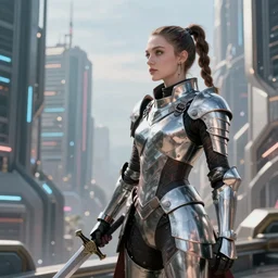 [ grimes in medieval cyberpunk armor ]! holding a [ sword in her hand ]! looking out into the [ futuristic cyberpunk city ]!, 3 d render!, trending on [ zbrush ], 4 k!, cgsociety contest winner, award winning, neon! lighting, neon subsurface scattering!, intricate, full - body!, volumetric lighting!