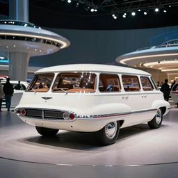 retrofuturistic general motors van of the future inspired by streamlined spaceship design, designed by Gordon Buehrig, 1960s american world's fair, press photograph
