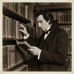 gothic library, dracula searches the books, 4 k vintage photograph