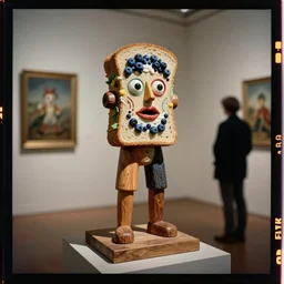 kodak portra 4 0 0, wetplate, blueberry, 1 9 3 0 s style, award winning portrait of wooden skulptur of crazy popart sandwich by willy verginer in a vernissage in the style of britt marling and by georges melies