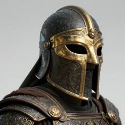 concept art of ancient soldier wearing an armoured facemask, with intricate carving details in black and gold, ultra realistic, octane render, 8 k, hd, realistic lighting