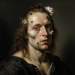 mutant man with a disturbing face flowers and insects by otto marseus van schriek rachel ruysch christian rex van minnen dutch golden age dramatic lighting chiaroscuro modern, xf iq 4, 1 5 0 mp, 5 0 mm, f 1. 4, iso 2 0 0, 1 / 1 6 0 s, natural light, adobe photoshop, adobe lightroom, photolab,